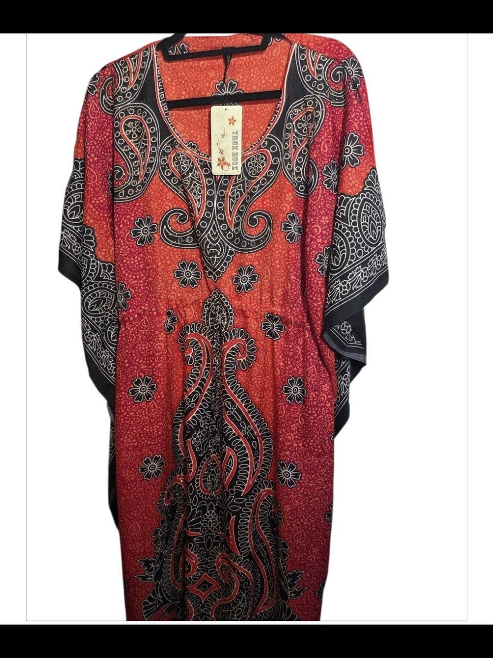 True Rock NWT Paisley Kaftan Cover Up Free Size Boho Orange Black Embellished